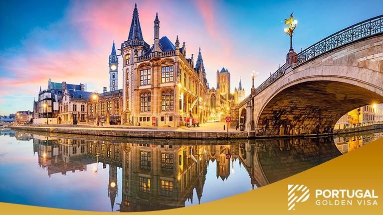 Ghent, Belgium old town cityscape from the river are at dawn