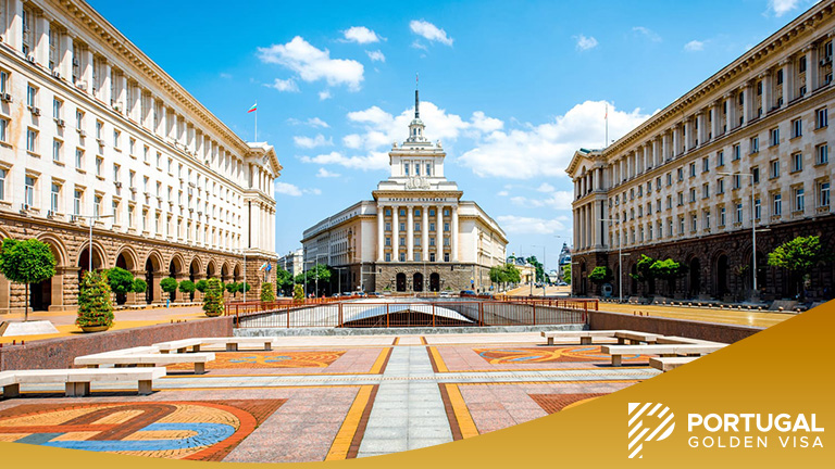 An architectural ensemble of three Socialist Classicism edifices in central Sofia, the capital of Bulgaria