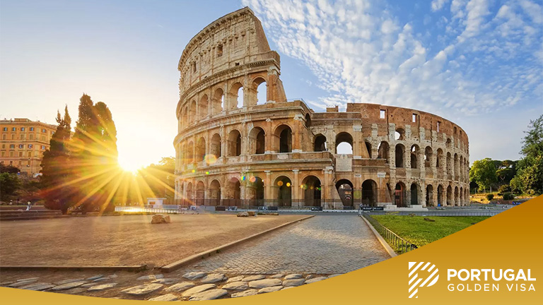 View of Colosseum in Rome and morning sun, Italy