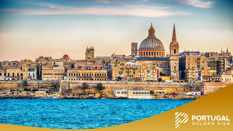 Valletta, Malta: skyline from Marsans Harbour at sunset