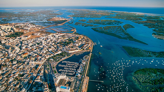 Faro, Portugal - aerial view of Marina Faro, the city and the ocean